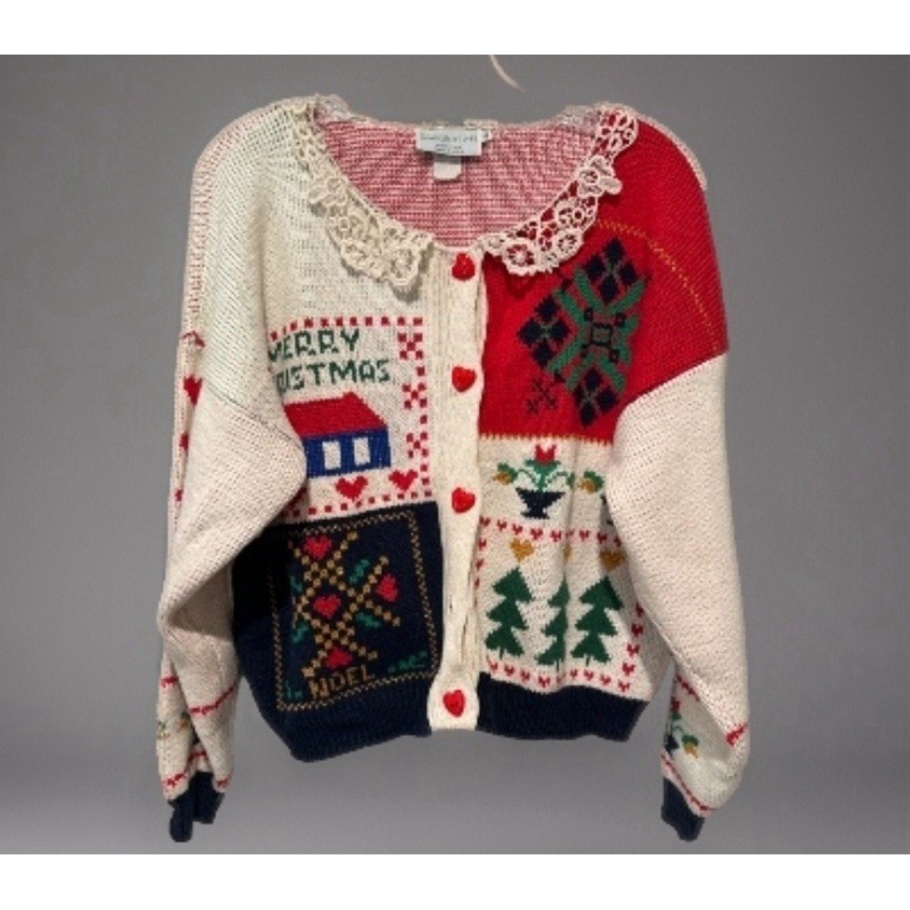 VTG Sweater Loft Christmas Cardigan Sweater L Lace Collar Heart Buttons READ